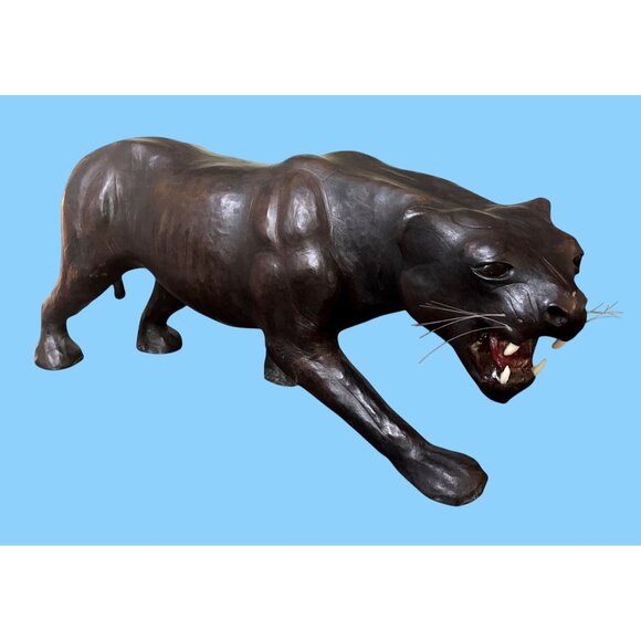 Other - Vtg 21" Leather Wrapped Stalking Black Panther Jaguar Cat Statue Figure